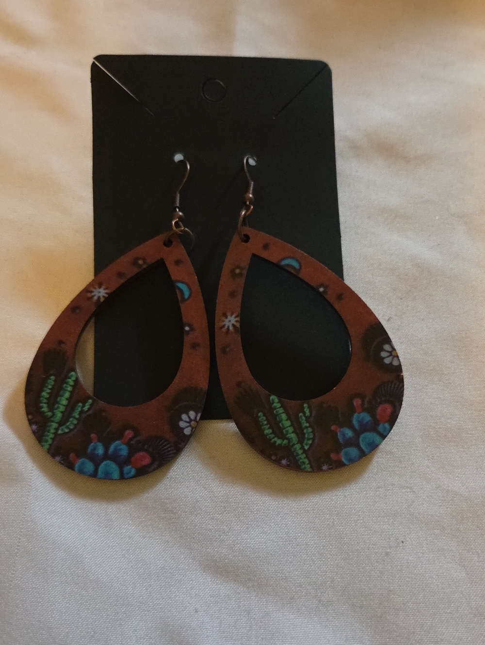 Brown Teardrop Hand-Painted Floral Earrings